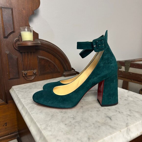 Christian Louboutin Soval 90 Teal Suede Chunky Heels size 37